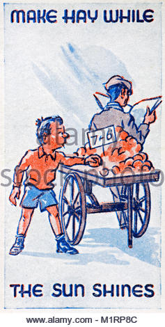 Hacer heno mientras el sol brilla proverbio ilustración 1938 Foto de stock