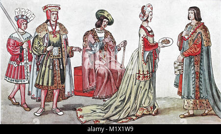 La ropa, la moda en Francia, desde 1485-1510, granja de vestidos, desde la  izquierda, una dama, un caballero en ropa de caza, la reina y dos damas en  espera, mejor reproducción digital