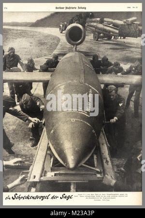 WW2 ....VI y cohetes V2 1944/1945 Propaganda nazi al pueblo alemán el arma de terror 'milagro' cohete V1 bomba bomba (BUZZ) empujadas al lugar en móvil lanzadores de cohetes en el norte de Francia en su última emisión el 30 de enero de 1945 Adolf Hitler prometió a pesar de la inminente derrota de la "victoria final" con V1 y V2 rocket bombas..En abril de 1945 se suicidó...