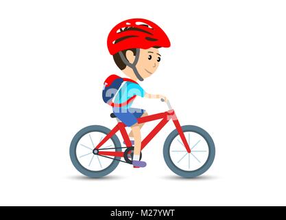 Teen kid school boy ciclismo en bicicleta llevar mochila y casco, ilustración vectorial Ilustración del Vector