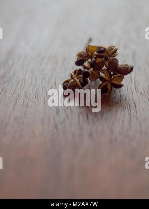 Semillas de anís estrella con ramas en el fondo de madera. Foto de stock