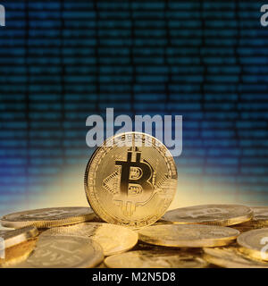 Concepto 3d ilustración con uno cryptocurrency monedas de oro de pie sobre un montón de bitcoins con trama de fondo azul abstracto vista frontal