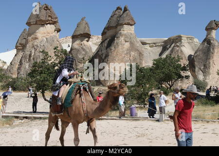 Los turistas montar camellos mientras visita la famosa piedra arenisca en chimeneas de hadas del valle de Pasabagi monjes Capadocia con un fondo de cielo azul brillante Foto de stock