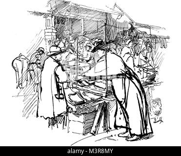 En Cuero Lane market, boceto en lápiz y tinta por el grabador, dibujante y pintor Hanslip Fletcher, desde 1895 el estudio de una revista ilustrada de un fino Foto de stock
