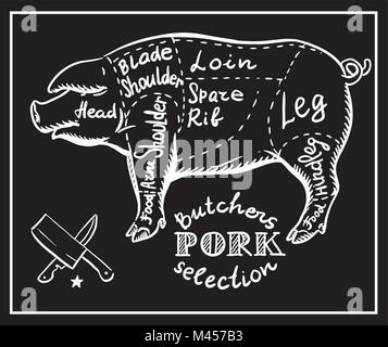 Vector conceptual creativo. Croquis dibujado a mano de carne de cerdo en las carnicerías shop receta ilustración, tiza, tinta, línea arte, vector. Ilustración del Vector