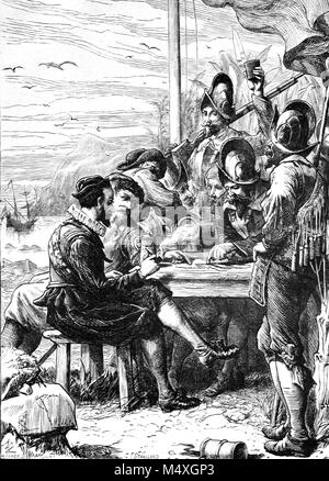 Sir Walter Raleigh (1554-1618), escritor inglés, poeta, soldado, político y Explorer con su tripulación en el Nuevo Mundo en su segunda expedición en 1617 a Venezuela en busca de El Dorado (grabado, 1888) Foto de stock