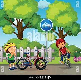 Dos niños montando bicicleta en el parque ilustración Ilustración del Vector