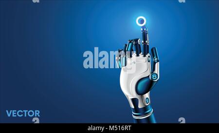 El robot mecánica del brazo o la mano presiona el dedo índice sobre el botón virtual interfaz holográfica de HUD. Diseño futurista Inteligencia Artificial Ilustración del Vector