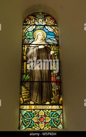 Las vidrieras que representa San Gobnait un santo irlandés del siglo VI. Del Oratorio de San Finbarr Gougane Barra Co Cork Ireland Foto de stock