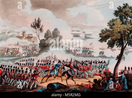 El ala izquierda del ejército británico en acción al Barrle de Waterloo - Junio 18, 1815 Foto de stock