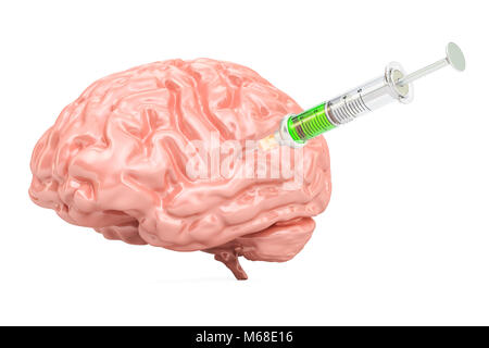 Cerebro Humano con jeringa, 3D rendering aislado sobre fondo blanco. Foto de stock