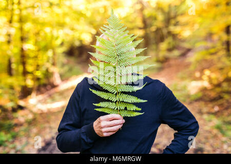 Hombre senior en una caminata en el bosque de otoño.