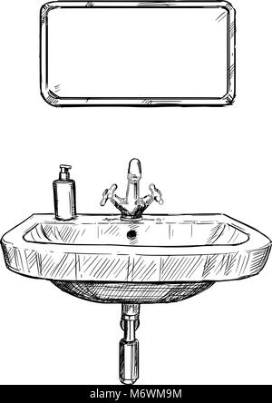Dibujo a mano alzada, vector de lavamanos y espejo en el baño. Ilustración del Vector