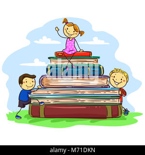 Ilustración vectorial de tres Stick niños sentados en pila de libros Foto de stock