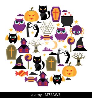 Tarjeta de felicitación de Halloween feliz con iconos planas