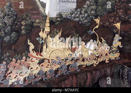 El rey Rama en su carroza, acompañado por los guerreros de mono, escena de Ramacia, la pintura de la pared en el Wat Phra Kaeo