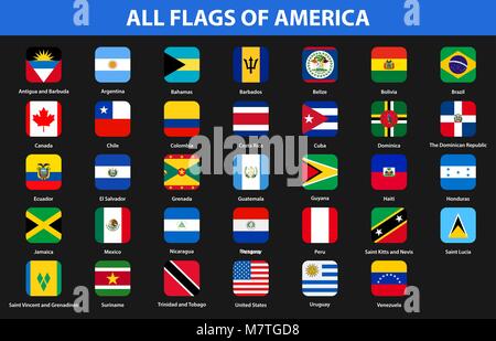 Banderas de todos los países del continente americano. Estilo plano