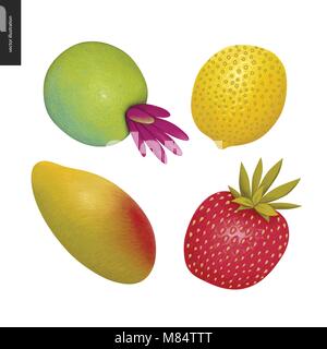 Vector fruta pegatinas. Un conjunto de cuatro cartoon dibujadas a mano frutas, mango, limón, fresa y un fruto de la fantasía. Ilustración del Vector