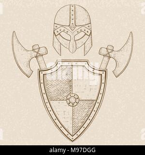 Conjunto de armadura vikinga - Casco, escudo y espada. Croquis