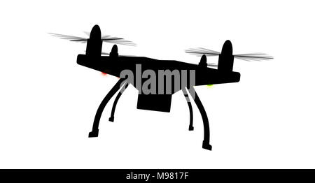 Drone silueta 3D aisladas. Quadcopter negro con rotación de las hélices sobre fondo blanco. Foto de stock