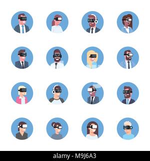 Conjunto de las personas que llevaban gafas 3D iconos moderno casco de realidad virtual concepto Ilustración del Vector