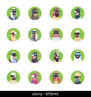 Conjunto de empresarios árabes llevar gafas 3D iconos moderno casco de realidad virtual concepto Ilustración del Vector