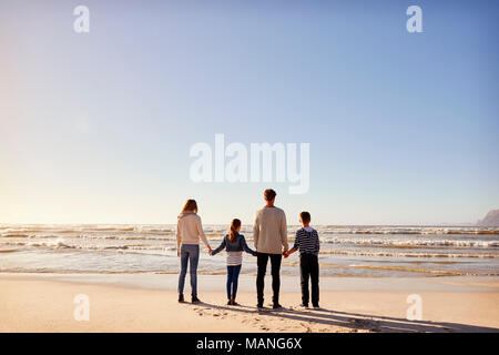 Vista trasera de la familia en invierno las manos en la playa mirando el mar