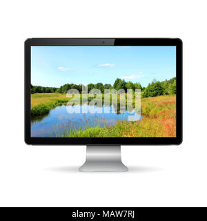 Monitor panorámico de ordenador con fondo azul y aplicaciones coloridas en  pantalla. Aislado en blanco. 3D Imagen aislada sobre un blanco. 3d imagen  Fotografía de stock - Alamy