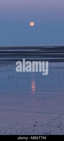 La luna llena se refleja como una raya en la película de agua coverning llana playa fangosa. Foto de stock
