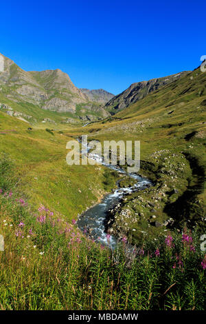 Paisaje entre el Col de l'Iseran paso de montaña y Bonneval-sur-ARC (Saboya, en los Alpes Franceses): Montaña torrent Foto de stock