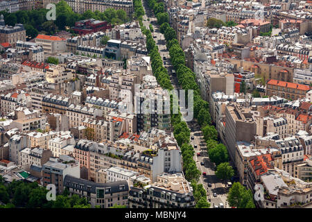 Vista aérea del edificio típico parisino y bulevar con árboles verdes como se ve desde la Torre Montparnasse de París, Francia .