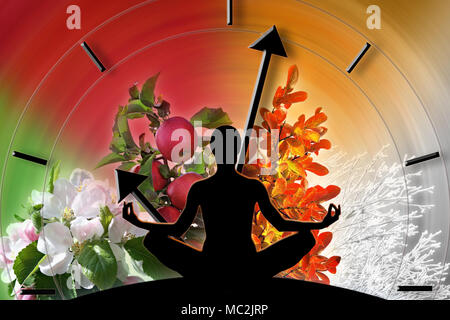 Yoga femenina figura contra collage de imágenes que representan cuatro estaciones del año. El círculo de la vida concepto. Foto de stock
