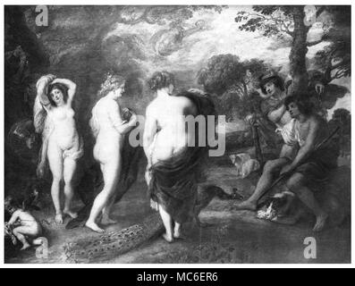 La mitología, la sentencia de París, una impresión de 1905 después de la pintura de Peter Paul Rubens. Foto de stock