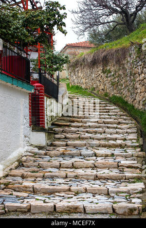 Estrechas calles de piedra y paredes en Milies aldea de montaña de Pelion. Grecia. Foto de stock