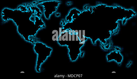 Mapa del mundo negro con resplandor azul Foto de stock