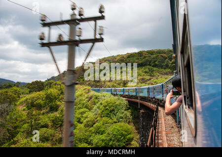 Tomando el tren de té, Ella a Kandy. El hombre se inclina fuera del carro para tomar una fotografía, como el tren cruza el puente azul en un exuberante paisaje verde Foto de stock