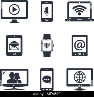 Los iconos de los dispositivos digitales de contacto y comunicación con indicaciones en pantalla. Ilustración vectorial. Ilustración del Vector