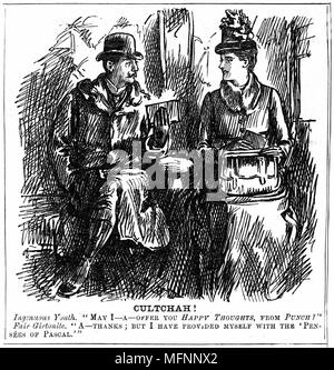 Los beneficios de la educación universitaria para las mujeres. George Du Maurier cartoon de 'Punch' de Londres el 8 de diciembre de 1887. Joven en el transporte ferroviario ofrece graduado de Girton, Cambridge, alguna luz de lectura para el viaje. Ella graciosamente disminuye mientras que ella misma se ha equipado con Pascal's 'Pensees'. Grabado Foto de stock