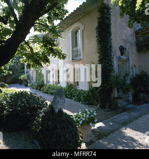 Exterior de una casa de campo francesa con contraventanas de madera blanca,  ventanas arqueadas, y viñas Fotografía de stock - Alamy