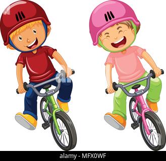 Niños urbanos montando bicicleta ilustración sobre fondo blanco. Ilustración del Vector