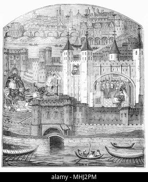 La Torre de Londres, está situado en la orilla norte del río Támesis en Londres. y fue fundada hacia finales de 1066 como parte de la conquista Normanda de Inglaterra. El castillo fue utilizado como prisión desde 1100, a pesar de que a principios de su historia, sirvió como residencia real. Visto aquí en el siglo XV, la torre es un complejo de varios edificios situados dentro de dos anillos concéntricos de muros defensivos y un foso. Hubo varias fases de expansión, principalmente en virtud de diversos reyes a lo largo de los siglos, pero el diseño general establecido por los finales del siglo XIII, permanece intacta.