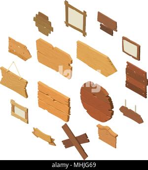 Cartel de madera de carretera, conjunto de iconos de estilo de dibujos