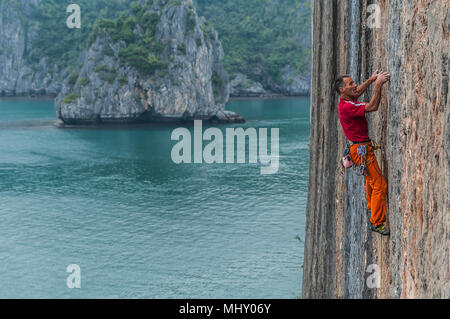 Hombre, la escalada en roca caliza, la bahía de Ha Long, Vietnam