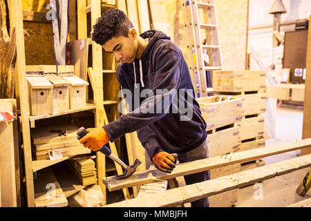 Joven llevando guantes de trabajo de pie en almacén, extracción de clavos oxidados de tablones de madera reciclada con un martillo. Foto de stock