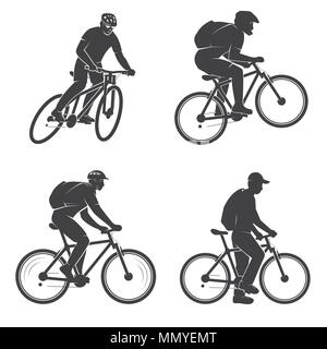 Conjunto de bikings mens en la montaña. Ilustración vectorial. El concepto de jefe, insignias, camiseta, Imprimir, Sello o turismo en bicicleta. Aventura al Aire Libre. Extreme m Ilustración del Vector