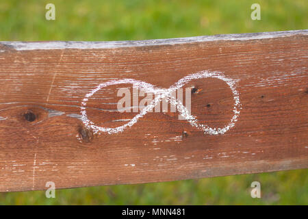 Signo de infinito en un tablero delante de un verde prado Foto de stock