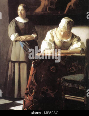 Señora escribiendo una carta con su criada (detalle) circa 1670. 730 Johannes Vermeer - Lady escribiendo una carta con su criada (detalle) - WGA24698