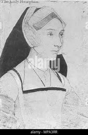 . Inglés: este dibujo por Hans Holbein es de María Shelton, que era hija de Sir John Shelton y su esposa Lady Anne Boleyn. María era primo hermano de la reina Ana Bolena. Se casó con su primo, Sir Anthony Ketteringham Heveningham de c. 1546 y fue la madre de Sir Arthur Heveningham. Después de la muerte de Sir Anthony Heveningham en 1557, María se casó con Philip Appleyard, Esq., su hermana Madge (Margaret) Shelton asistió a Ana Bolena en el andamio. circa 1532-1543. Hans Holbein (1497/1498-1543) Nombres alternativos Hans Holbein der Jüngere, Hans Holbein Descripción pintor alemán un Foto de stock