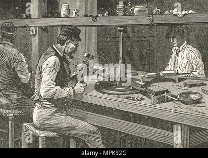 Pulido de diamantes a mano en el siglo XIX. Foto de stock
