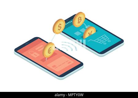 Seguro y sencillo e-pagos en el smartphone utilizando aplicaciones de finanzas: las monedas internacionales y bitcoins transferir de una cuenta a otra Ilustración del Vector
